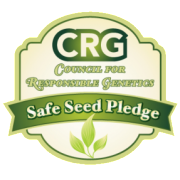 Green and yellow icon with green text that reads "CRG: Council for Responsible Genetics Safe Seed Pledge"